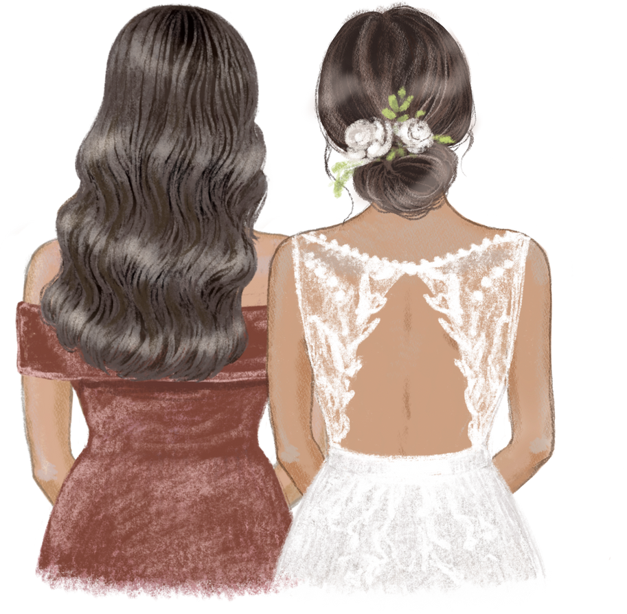 Bride and bridesmaid with tan skin hand drawn illustration
